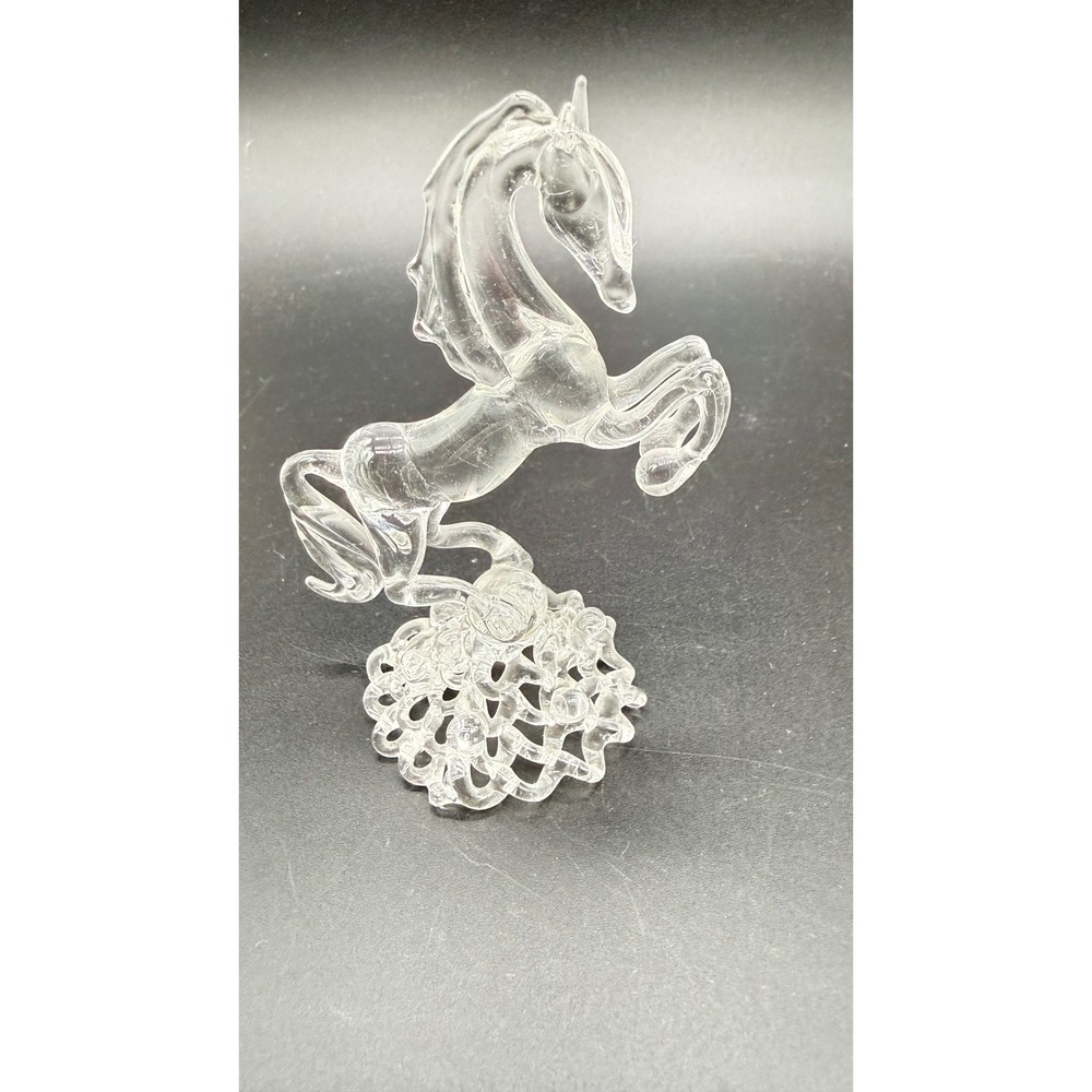 Vintage Hand Blown Clear Glass Rearing Unicorn Figurine on Lattice Base Art